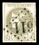 O N°41A, 4c Gris Report 1 (case 2 Du Report) Obl GC Légère. SUPERBE. R.R.R (certificat)   ... - 1870 Ausgabe Bordeaux