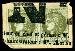 O N°39C, 1c Olive Report 3 En Paire Obl Typographique Sur Fragment, TB (certificat)    Qualité : O   ... - 1870 Ausgabe Bordeaux