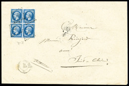 O N°14B, 20c Bleu Type II En Bloc De Quatre Sur Lettre, TTB (certificat)    Qualité : O    Cote : 880... - 1853-1860 Napoleon III