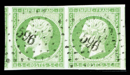 O N°12, 5c Vert 'mousse' En Paire Horizontale, Grandes Marges 2 Voisins, Oblitération PC '596', PIECE... - 1853-1860 Napoleon III