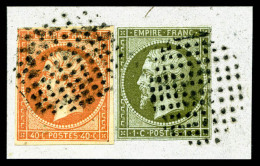 O 1c Olive + 40c Orange (N°16) Obl Cercle De Points Sur Petit Fragment, R.R. (signé Brun/certificat)   ... - 1853-1860 Napoléon III.