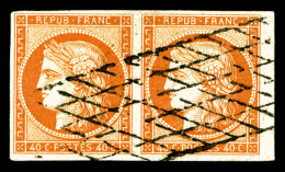 O N°5, 40c Orange En Paire Obl Grille Sans Fin, Petit Bord De Feuille Latéral, TTB (certificat)   ... - 1849-1850 Cérès