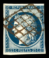 O N°4, 25c Bleu Foncé, Filet Effleuré Mais Intact, Obl GRILLE ROUGE, RARETE, SUP (signé... - 1849-1850 Cérès