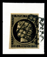 O N°3g, 20c Noir Sur Fauve Sur Fragment, TTB (certificat)    Qualité : O    Cote : 700 Euros - 1849-1850 Cérès