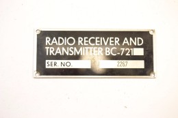 Plaque Matériel Radio RECEIVER AND TRANSMITTER BC-721 BC721, Matériel Radio US France - Radio