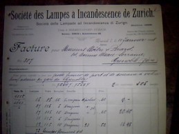 Vieux Papiers Facture  Societe Des Lampes A Incandescence De Zurich Suisse Annee 1908 - Zwitserland