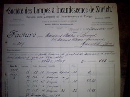 Vieux Papiers Facture  Societe Des Lampes A Incandescence De Zurich Suisse Annee 1908 - Schweiz