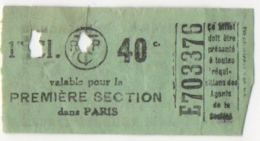 Ticket/Billet De Tram. Tramways Parisiens. T.C.R.P. 1er Classe. Publicité Nicolas Au Dos. - Europe