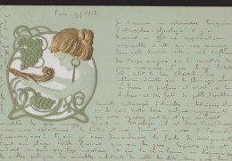 CPA:Art Nouveau Genre Kirchner:Femme Profil:Coupe Et Raisins Fond Vert - Avant 1900