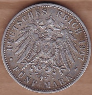ALLEMAGNE. PRUSSE, 5 MARK 1907 A (BERLIN), WILHEM II, ARGENT - 2, 3 & 5 Mark Silver