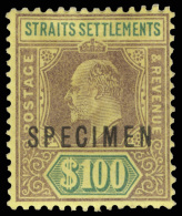 S        104A Var Listed (122s) 1903 $100 Purple And Green On Yellow K Edward VII^ Overprinted "SPECIMEN" In Black,... - Straits Settlements