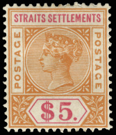 *        43, 46-47, 50, 53, 83-88 (95-105) 1892-99 1¢-$5 Q Victoria^, Wmkd CA, Perf 14, Cplt (11) Per Stanley... - Straits Settlements