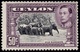 *        286c (394a) 1938 50¢ Black And Mauve K George VI^ And Wild Elephants, Wmkd CA, Perf 13x13½,... - Ceylon (...-1947)