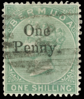 O        15 (17) 1875 1d On 1' Green Q Victoria^ Provisional, SG Type 8 Surcharge, Wmkd CC, Perf 14, Lightly... - Bermuda