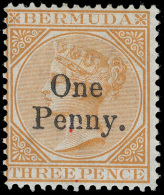 *        14 (16) 1875 1d On 3d Yellow-buff Q Victoria^ Provisional, SG Type 8 "One Penny." Surcharge (only 12,000... - Bermuda