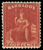 *        47 (68) 1875 4d Deep Red Britannia^, Wmkd CC, Perf 12½, Vivid Rich Deep Color, A Perfectly Centered... - Barbados (...-1966)