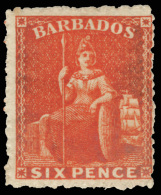 *        27 (46) 1870 6d Orange-vermilion Britannia^, Wmkd Large Star, Rough Perf 14 To 16, A Rare And Difficult... - Barbados (...-1966)