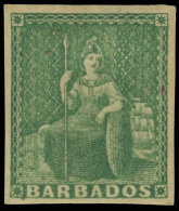 *        5a (7) 1857 (½d) Yellow-green Britannia^ On White Paper, Unwmkd, Imperf, Four Margins, Scarce,... - Barbados (...-1966)