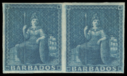 *        2a (3) 1852 1d Blue Britannia On Blued Paper^, Unwmkd, Imperf, Full Margined Horizontal Pair, Choice, OG,... - Barbados (...-1966)