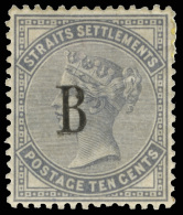 *        18 (21) 1883 10c Slate Q Victoria^ Of Straits Settlements, Overprinted "B" SG Type 1, Wmkd CA, OG, LH, XF... - Thailand