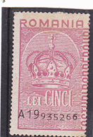 REVENUE STAMP,KINGS CROWN,LACED,5 LEI,ROMANIA. - Fiscaux