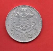 MONACO - 5 Francs 1945  KM122 - 1819-1922 Onorato V, Carlo III, Alberto I