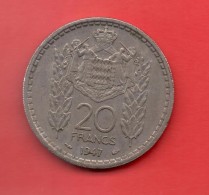 MONACO - 20 Francs  1947  KM124 - 1819-1922 Onorato V, Carlo III, Alberto I