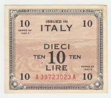 Italy 10 Lire 1943 VF+ Pick M19b M19 B - Allied Occupation WWII