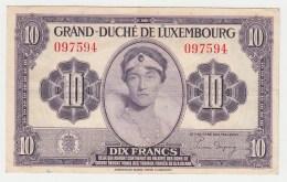 Luxembourg 10 Francs 1944 VF++ CRISP Banknote WWII Pick 44 - Luxemburgo