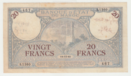 Morocco 20 Francs 14-11- 1941 VF+ Pick 18b 18 B - Marocco