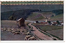 CPA P. Hey, Volksliederkarte Nr.45: Schafe Schlafen Auf Einer Weide Vor Einem Ort Feldpost Censure - Hey, Paul