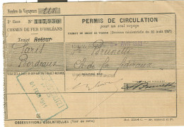 CHEMIN DE FER D'ORLEANS,PERMIS DE CIRCULATION, 1911, PARIS-BORDEAUX, - Europa