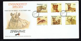 1989  Endangered Animals: Rhino, Cheetah, Wild Dog, Pangolin, Hyena, Antelope- Complete Set On Single  Unaddressed  FDC - Zimbabwe (1980-...)