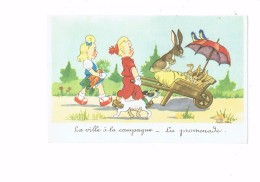 Illustration - ROB-VEL - La Ville à La Campagne - Fillette Garçon Brouette Lapin Parapluie Oiseau Chien Carotte - Wills, John