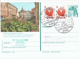 FLORA-L129 - ALLEMAGNE Entier Postal Château De Eltz Carte Illustrée De Wasserdrüdingen Avec Géraniums - Geïllustreerde Postkaarten - Gebruikt