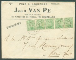 VINS Et LIQUEURS - WINE And SPIRITS - Belgium Cover From Bruxelles Jean VAN PE To Paris Obl; Sc MOLENBEEK 2 Du 9-V-1919 - Wines & Alcohols