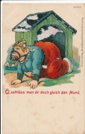 CPA Humour Femme Muselée Comme Un Chien "O, Schlöss Man Dir Doch Gleich... Illustrateur Druck Und Verlag Bruno Burger - Humor