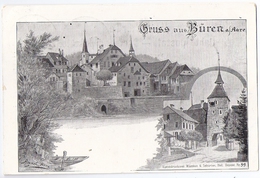 Gruss Aus BÜREN A/Aare: 2-Bild-Künstler-AK Würsten 1909 - Büren An Der Aare