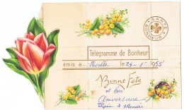 FLORA-L173 - BELGIQUE Carte Télégramme Du Bonheur En 3 Volets Et Découpe D'une Tulipe Avec Mimosas Et Fer à Cheval 1955 - Telegramme