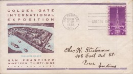 United States Premier Jour Lettre FDC Cover 1939 Golden Gate International Exposition To Indiana Treasure Island Cachet - 1851-1940