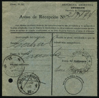 Advice Of Receipt Of A Registered Letter Sent From Buenos Aires To Coronda (Santa Fe) On 23/AU/1913, With Arrival... - Lettres & Documents