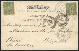 Postcard Franked With French Stamps Of 5c. X2, Sent From Constantinople To BRAZIL On 2/MAY/1902, VF Quality And... - Sonstige & Ohne Zuordnung