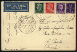 21/DE/1939 LATI First Flight Roma - Rio De Janeiro, Postcard Sent From Roma To Sao Paulo, Arrival Backstamp, Very... - Sonstige & Ohne Zuordnung