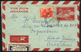 Aerogram Sent By Registered Mail From Tel Aviv To Brazil On 23/OC/1956, Minor Defects, Low Start! - Autres & Non Classés