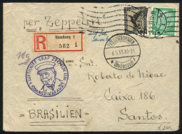 ZEPPELIN: Registered Airmail Cover Sent From Hamburg To Brazil On 6/MAY/1933 Franked With 3.05Mk., Very Nice! - Lettres & Documents