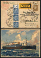 Postcard (view Of Steamer Columbus) Sent By Airmail From The Ship (catapult Aircraft) To München On... - Briefe U. Dokumente