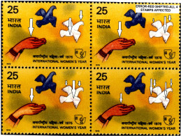 INTERNATIONAL WOMEN'S YEAR-DOVES-PIGEONS-ERROR-BLOCK OF 4-INDIA-1975-MNH-TP-232 - Variétés Et Curiosités