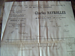 Vieux Papiers Facture Atelier De Construction Mecanique Et De Materiel Agricole Charles Nayrooles A Espalion  Annee 1934 - Agricoltura