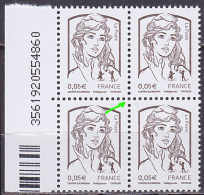 Bloc De 4 TP Neufs ** N° 4764(Yvert) France 2013 - Marianne De Ciappa-Kawena 0,05 €, Variété De Piquage - 2013-2018 Marianne Di Ciappa-Kawena