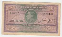 Cyprus 2 SHILLINGS 1940 "F+" Pick 21 - Cyprus